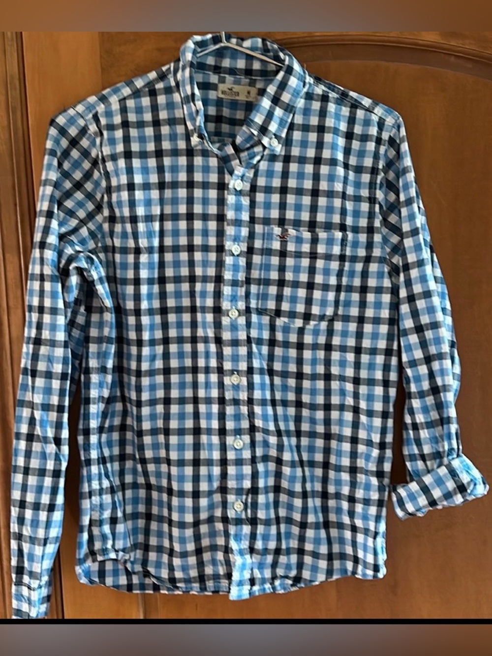 Hollister Men's Medium Blue Gingham Plaid Button Down Long Sleeve Shirt Flawed